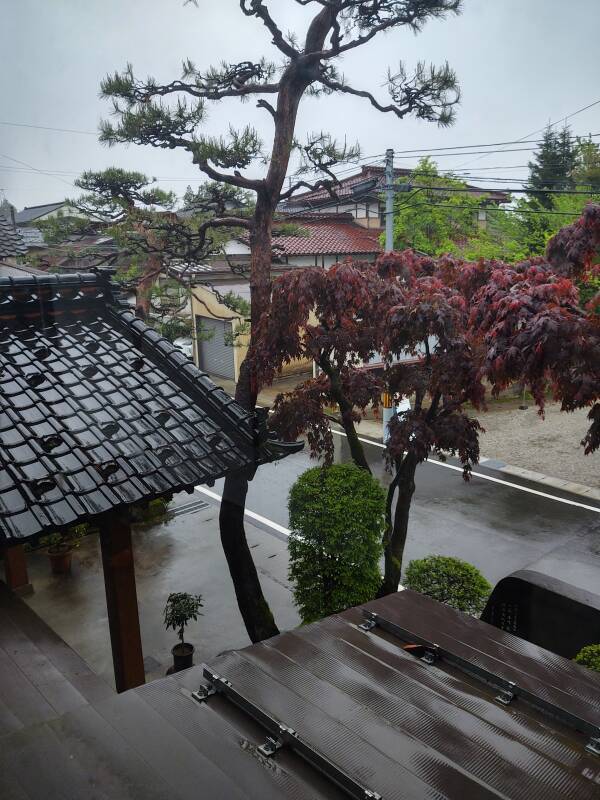 View out the upstairs window of the ryokan on a dark and rainy day.