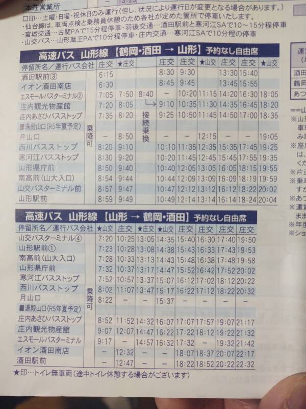Bus schedule between Tsuruoka and Mount Haguro.