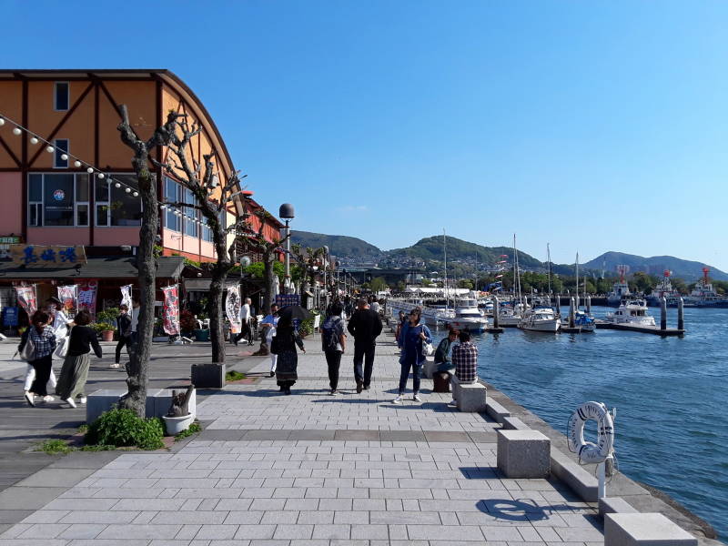Waterfront cafes in Nagasaki harbor.
