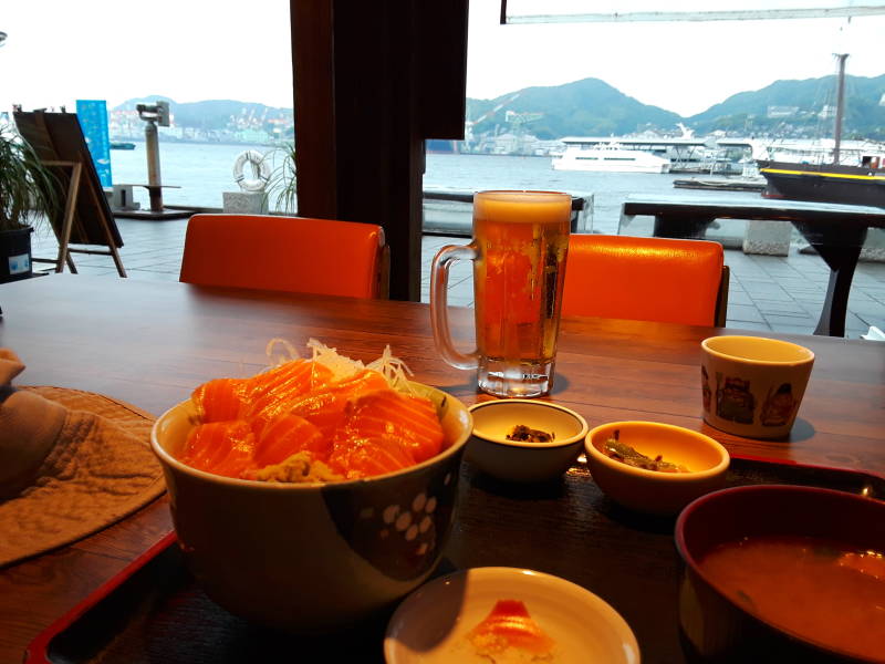 Salmon donburi at lunch in a cafe along the waterfront in Nagasaki harbor.
