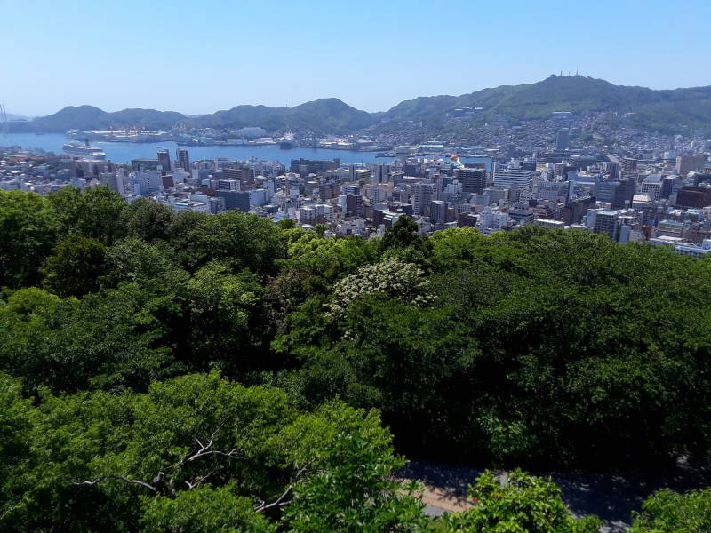 View southwest from the park overlooking Nagasaki and the harbor.