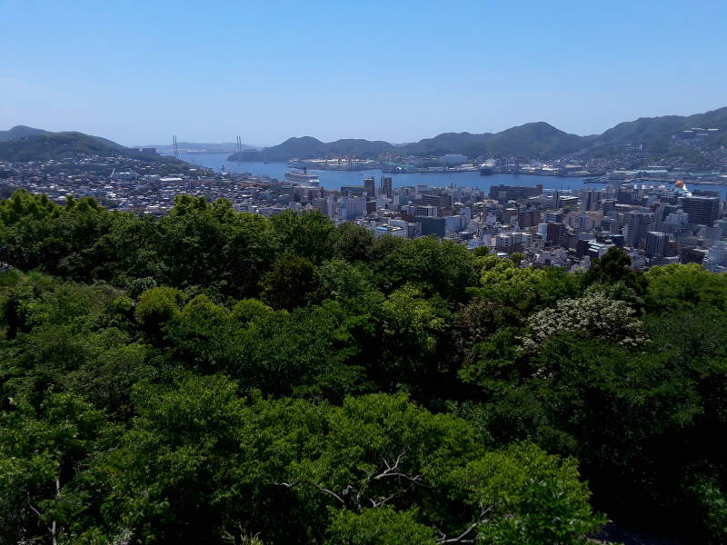 View southwest from the park overlooking Nagasaki and the harbor.