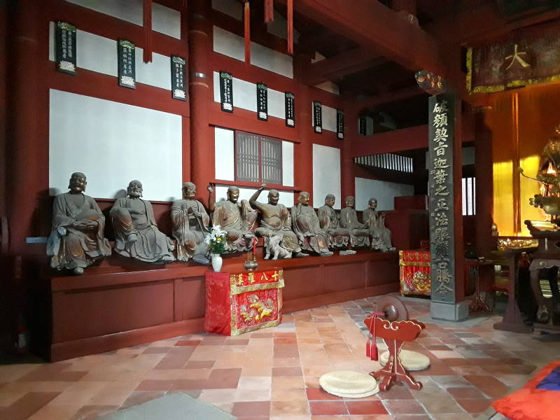 Buddha statues inside Daiyū Hōden or Buddha Hall, officially designated as a National Treasure, at Sōfuku-ji Buddhist temple in Nagasaki.