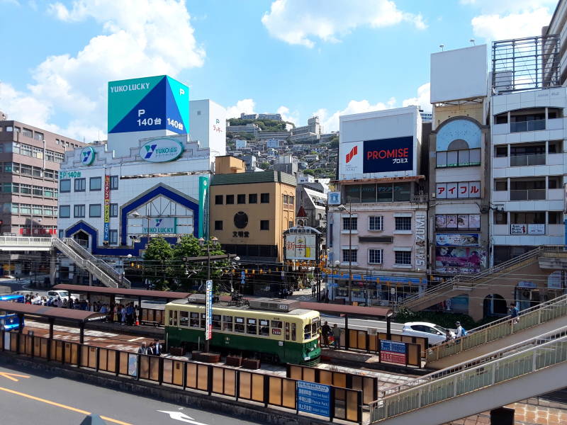 Streetcar platforms at the train station in Nagasaki.