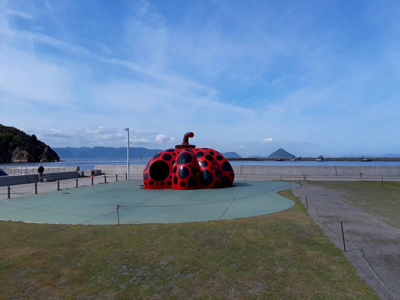 Yaoyi 'Red Pumpkin' at the Miyanoura ferry port on Naoshima.