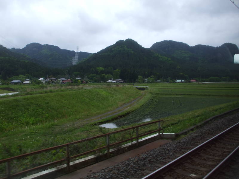 Rice paddies and foothills seen from the train on the way to Nikkō.