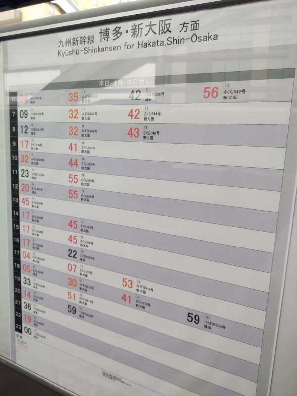 Schedule for the Shinkansen from Kagoshima Chūō station to Hakata and onward to Shin-Ōsaka.