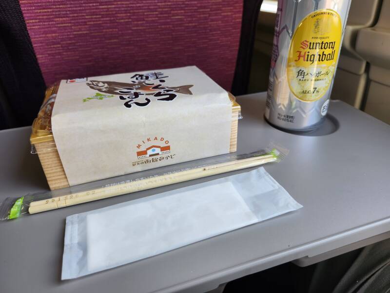 Bentō lunch on board the train.