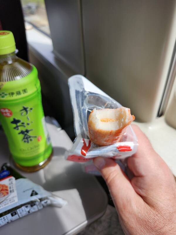 Imitation crab leg stick with spicy pollock roe inside.