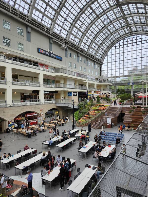 Interior of multi-level shopping mall at Sapporo Factory.