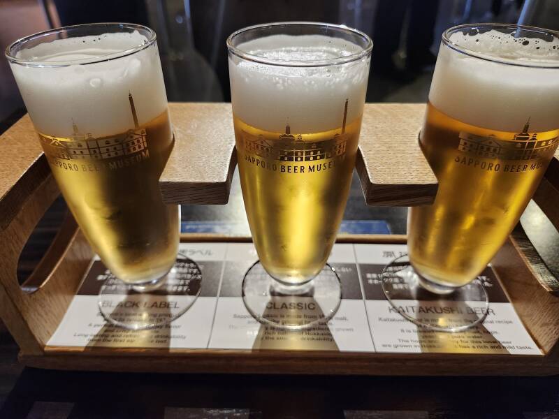 Flight of three beers at Sapporo Beer Museum. Left-right: Black Label, Classic, and Kaitakushi.