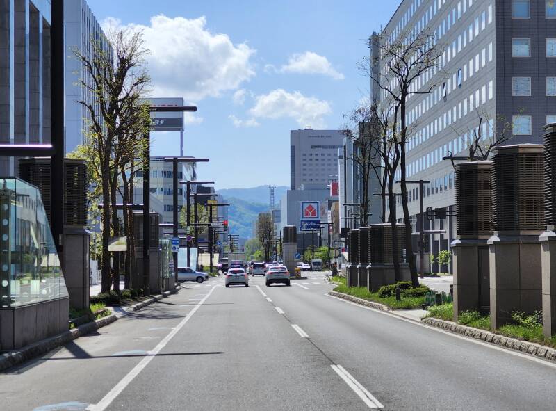 View west from central Sapporo to the mountains.