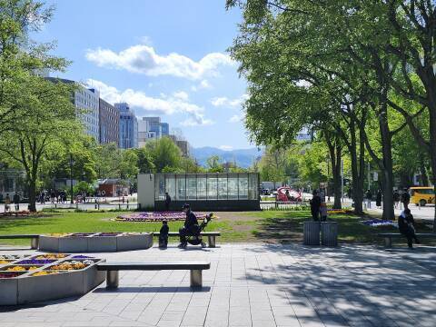 Adults and children in Odori Park, mountains in the distance.