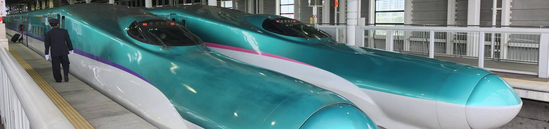 Two Hokkaidō Shinkansen trains at Shin-Hakodate-Hokuto Station.