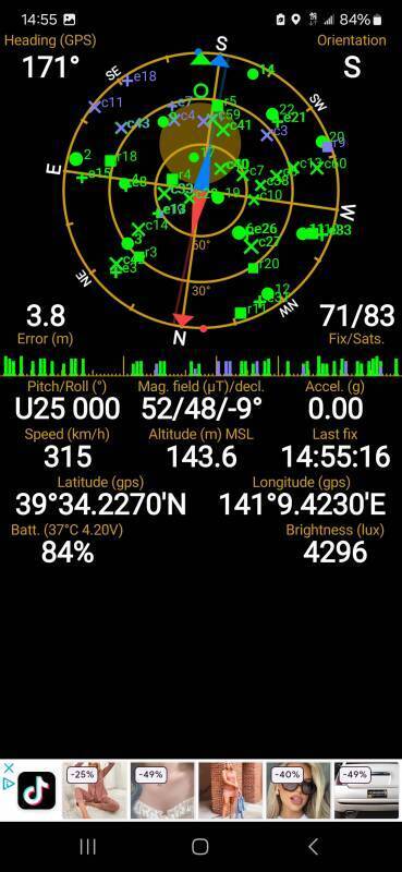 GPS showing 315 kilometers per hour.