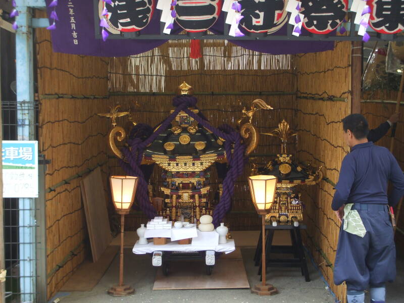 Palanquin or portable shrine to carry the goshintai or 'god-body' at a shrine in the Asakusa district of Tokyo.
