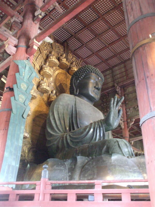 Daibutsu, the enormous statue of the Buddha at Tōdai-ji in Nara. Right hand in 'fear not' and left hand in 'bestowing boons' gestures.