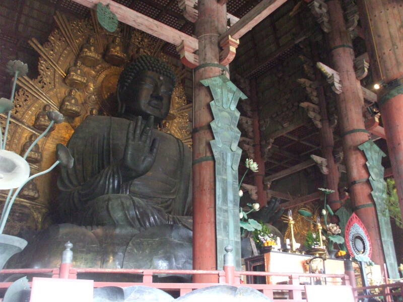Daibutsu, the enormous statue of the Buddha at Tōdai-ji in Nara. Right hand in 'fear not' and left hand in 'bestowing boons' gestures.
