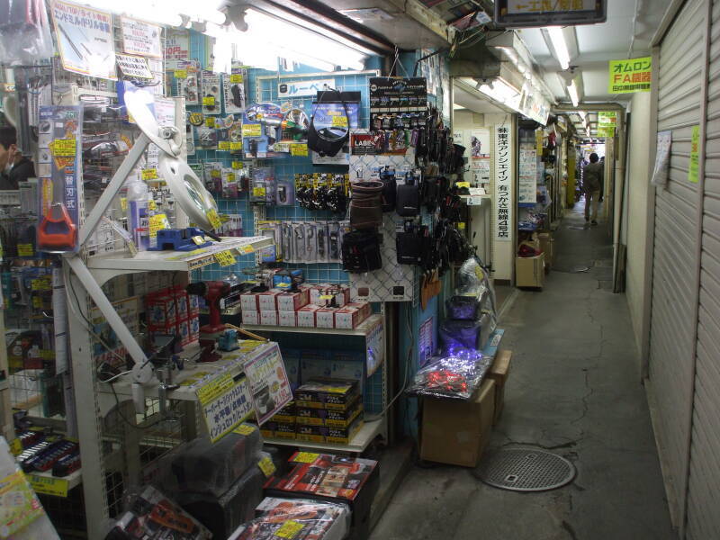 Electronics shops in narrow indoor passageways in Akihabara.