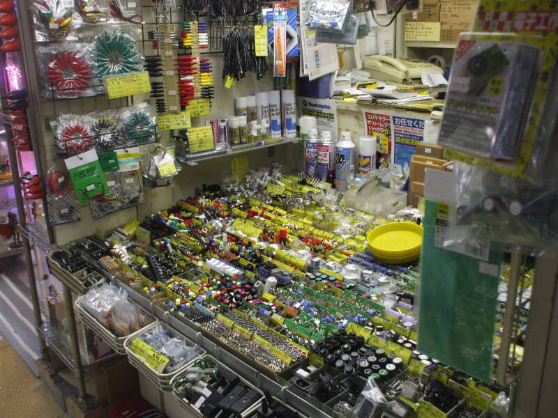 Electronics shops in narrow indoor passageways in Akihabara.