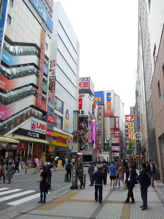 Exiting the south end of Akihabara Station, many people on the streets, bright signs overhead.