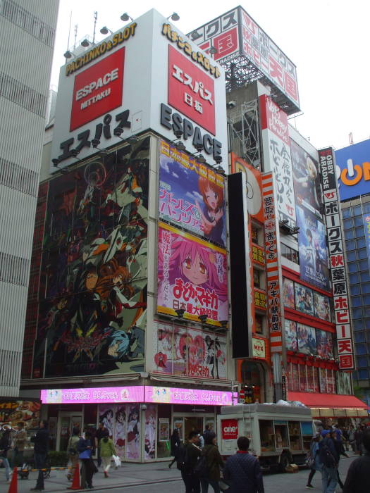 Brightly colored signs over busy streets in Akihabara.
