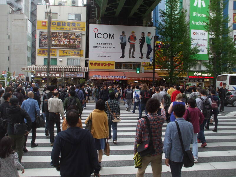 Train line crosses over a busy street in Akihabara.