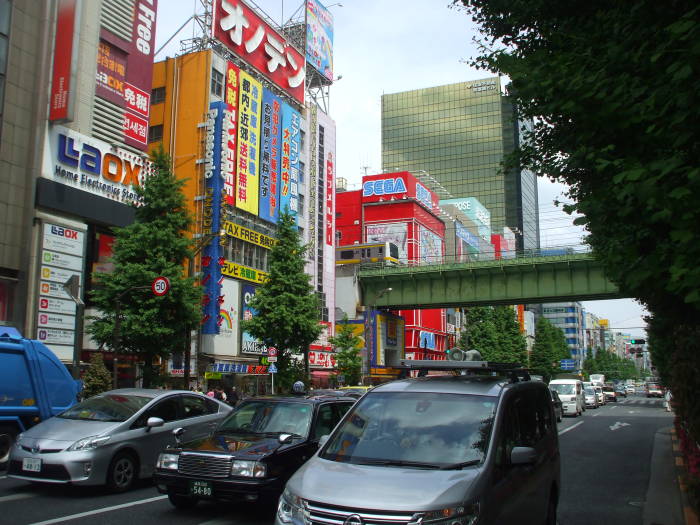 Train line crosses over a busy street in Akihabara.