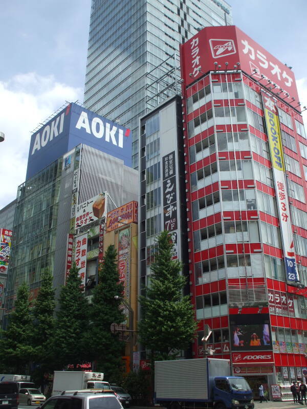 Traffic on a busy street in Akihabara.