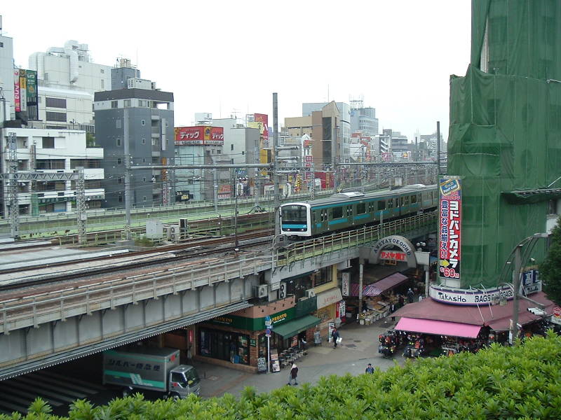 Standing at the south end of Ueno Park looking at Ameya-Yokochō market under the Yamanote Line tracks near Ueno Station. A train crosses over the market.