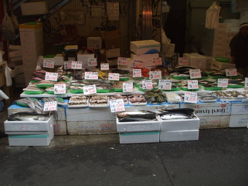 Seafood for sale in the Ameya-Yokochō market under the Yamanote Line tracks.