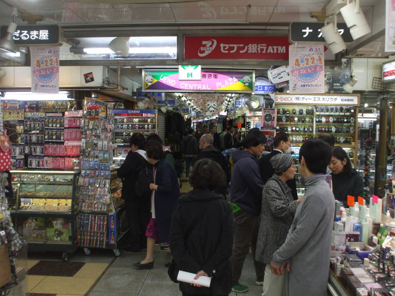Shops in enclosed passageways in Ameya-Yokochō market under the Yamanote Line tracks.