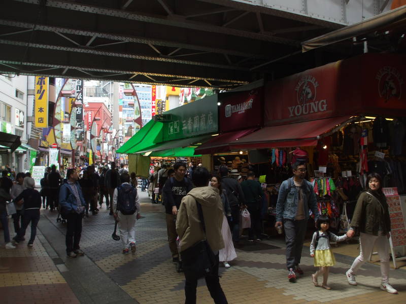 Shops in Ameya-Yokochō market under the Yamanote Line tracks.