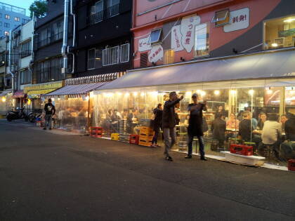 Yakitori places along Hoppy Street in Asakusa.