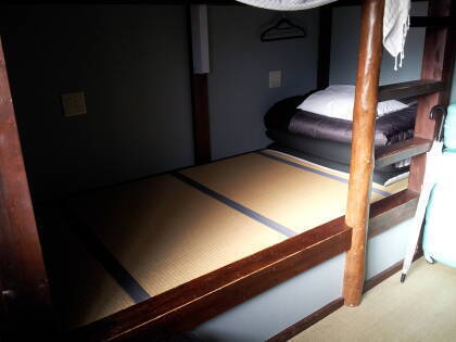 Ryokan-style bed in Khaosan World hostel in Asakusa.