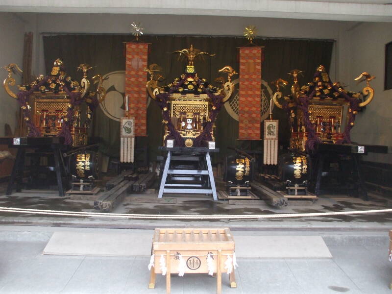 Palaquins to carry the enshrined kami at the Asakusa Shrine, a Shintō shrine next to the Sensō-ji Buddhist temple in Asakusa, Tōkyō.