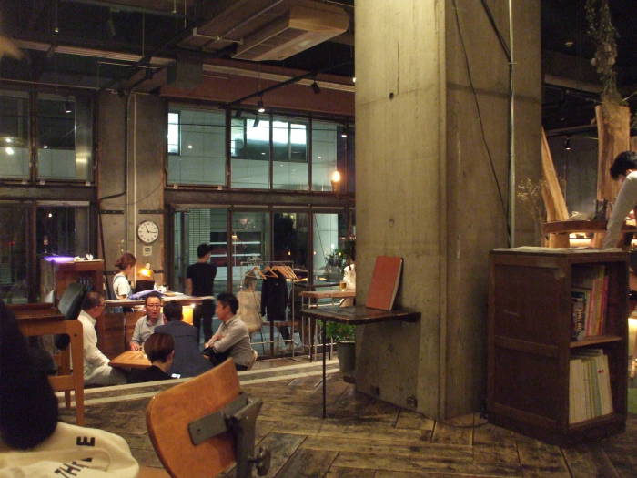 Nui Hostel in Asakusa, interior at night.