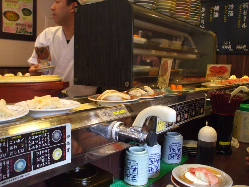 Sushi Train or Sushi-Go-Round or Conveyor Belt Sushi, in Asakusa, Tōkyō, Japan.