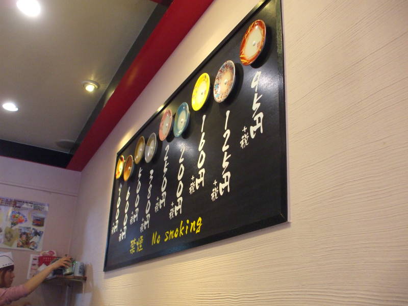 Board listing prices at a Sushi Train or Sushi-Go-Round or Conveyor Belt Sushi, in Asakusa, Tōkyō, Japan.