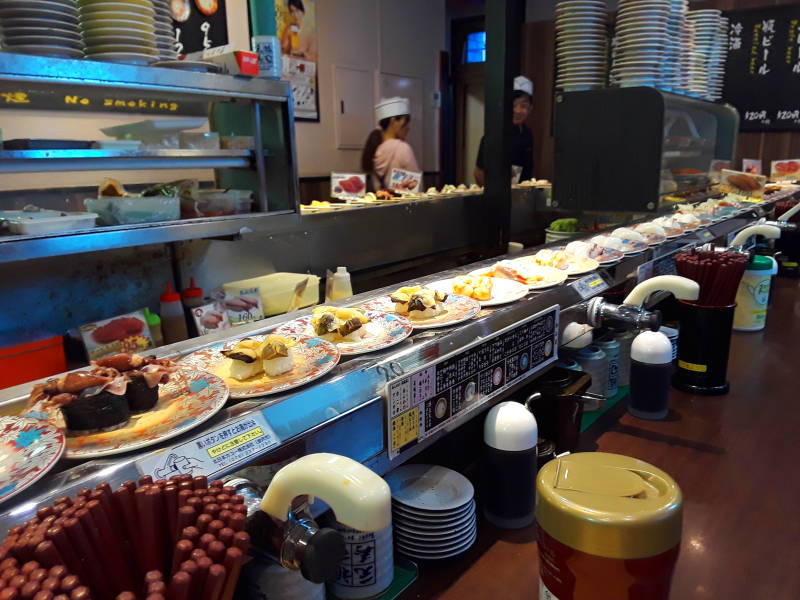 Sushi Train or Sushi-Go-Round or Conveyor Belt Sushi, in Asakusa, Tōkyō, Japan.