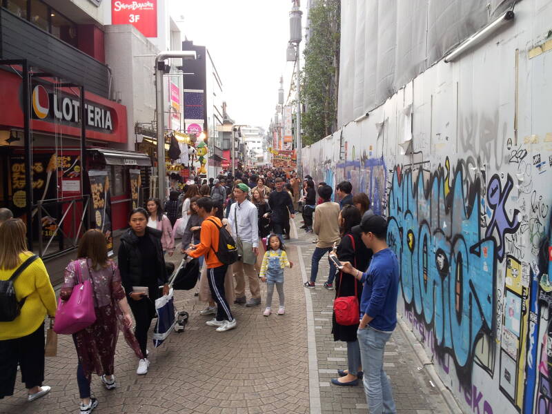 Crowds at the east end of Takeshita-dori or Takeshita Street in Harajuku.