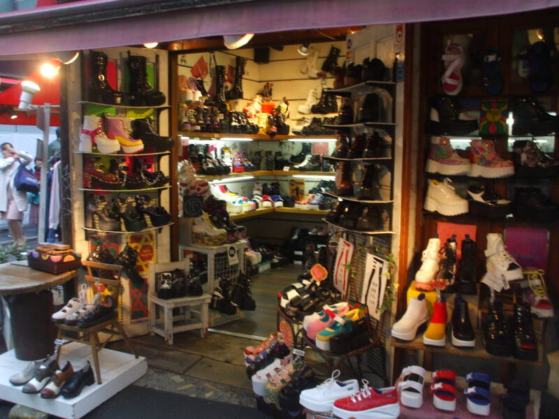 Shoes and boots in a shop on Takeshita-dori or Takeshita Street in Harajuku.