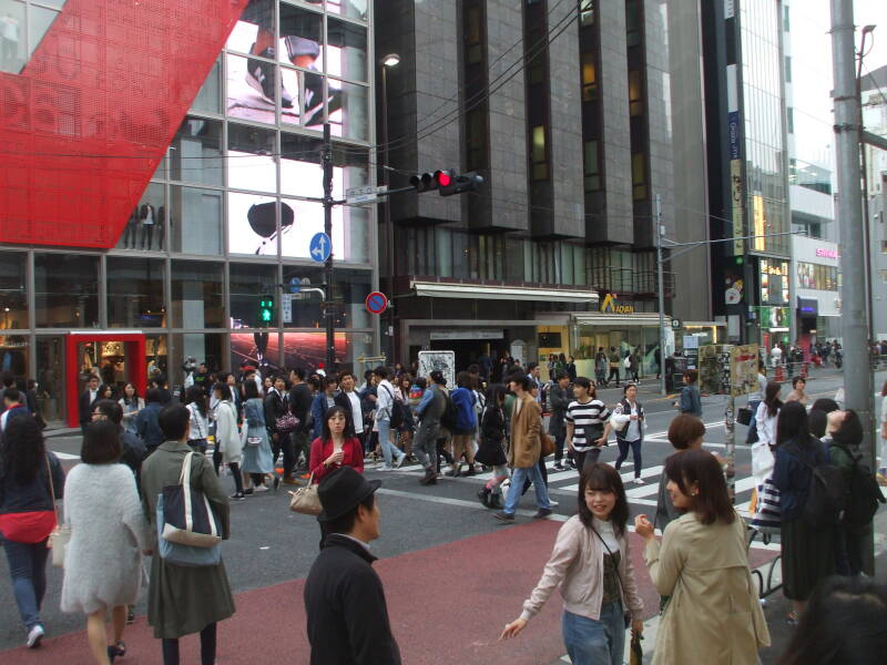 Crowds along the busy street east of Takeshita-dori or Takeshita Street in Harajuku.