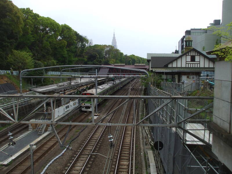 View north from Harajuku Station over Yamanote Line tracks.
