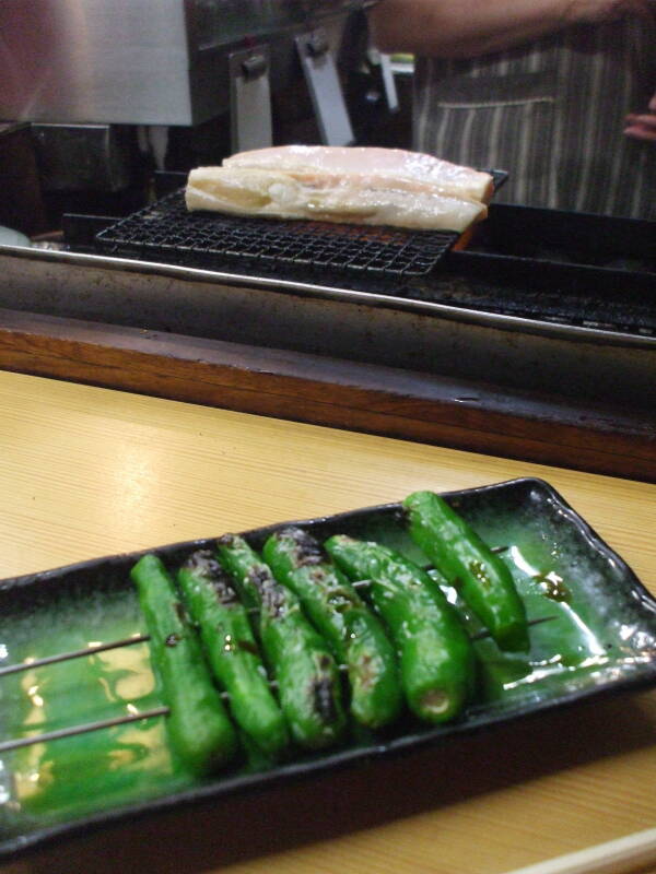 Grilled peppers in a small izakaya in Omoide Yokochō, Shinjuku, Tōkyō