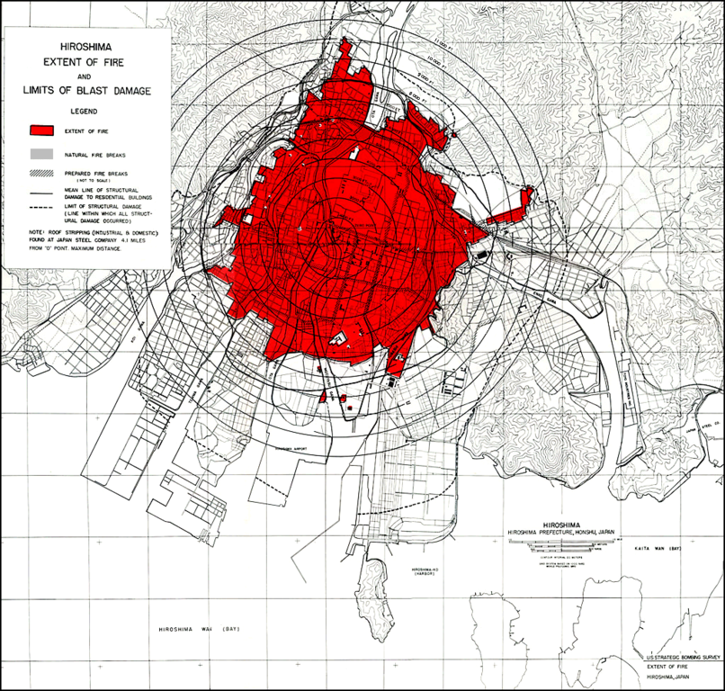 US Strategic Bombing Survey map from https://en.wikipedia.org/wiki/File:Hiroshima_Damage_Map.png