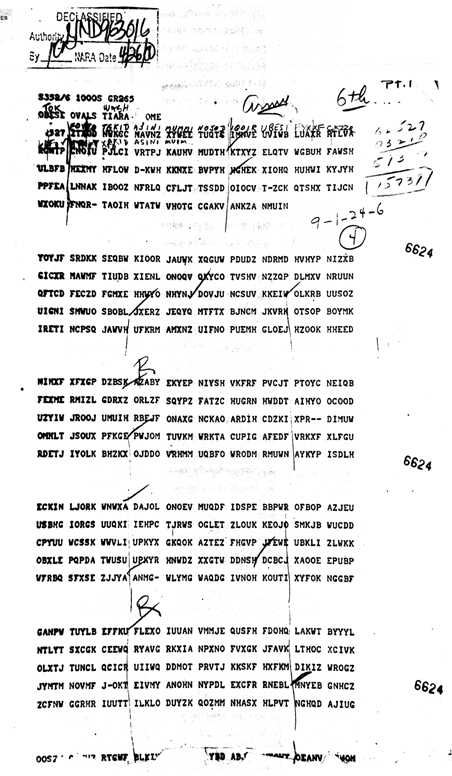 First part of the '14-part message' sent from the Japanese government to the US government just before the attack on Pearl Harbor on 7 Dec 1941. Hand-written calculations deduce the initial positions of the stepping switches and the stepping order. From https://commons.wikimedia.org/wiki/File:Purplemsg.PNG.