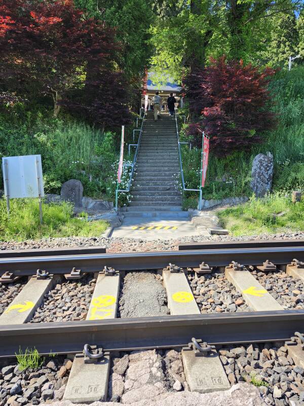 Crossing the tracks below Senjuin Kannon-dō.