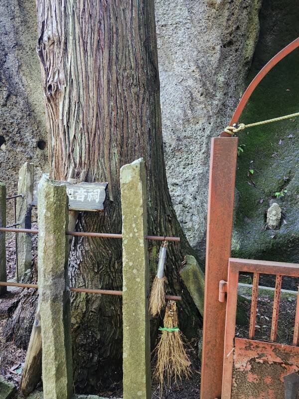 Small Shintō shrine, and behind it, statue of Buddhist deity Fudō Myōō, the Immovable Wisdom King, at Tarumizu.