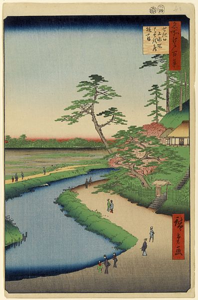 Basho's Hermitage and Camellia Hill on the Kanda Aqueduct at Sekiguchi, from the series One Hundred Famous Views of Edo by Utagawa Hiroshige, 1857, from https://en.wikipedia.org/wiki/File:100_views_edo_040.jpg